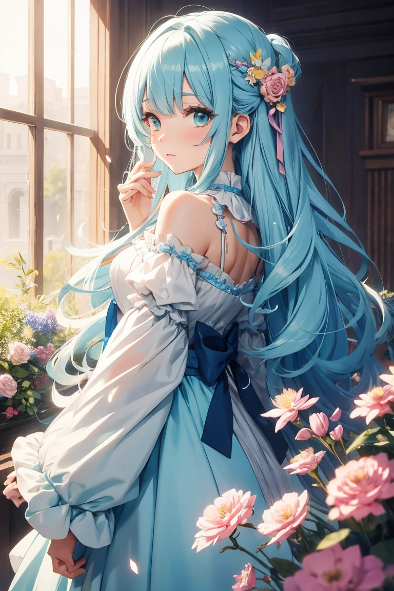 Prompt: 1girl:1.3, kawaii girl, (pastel color digital art:1.3), middle hair, curly hair, loose hair, big hair, dense hair, pale blue hair, green eyes, fantasy intricate clothes, engraving, craftsmanship, (flowers, petals), enticing art pose, psychedelic, fractal, absurdres, highres, ultra detailed, from side,