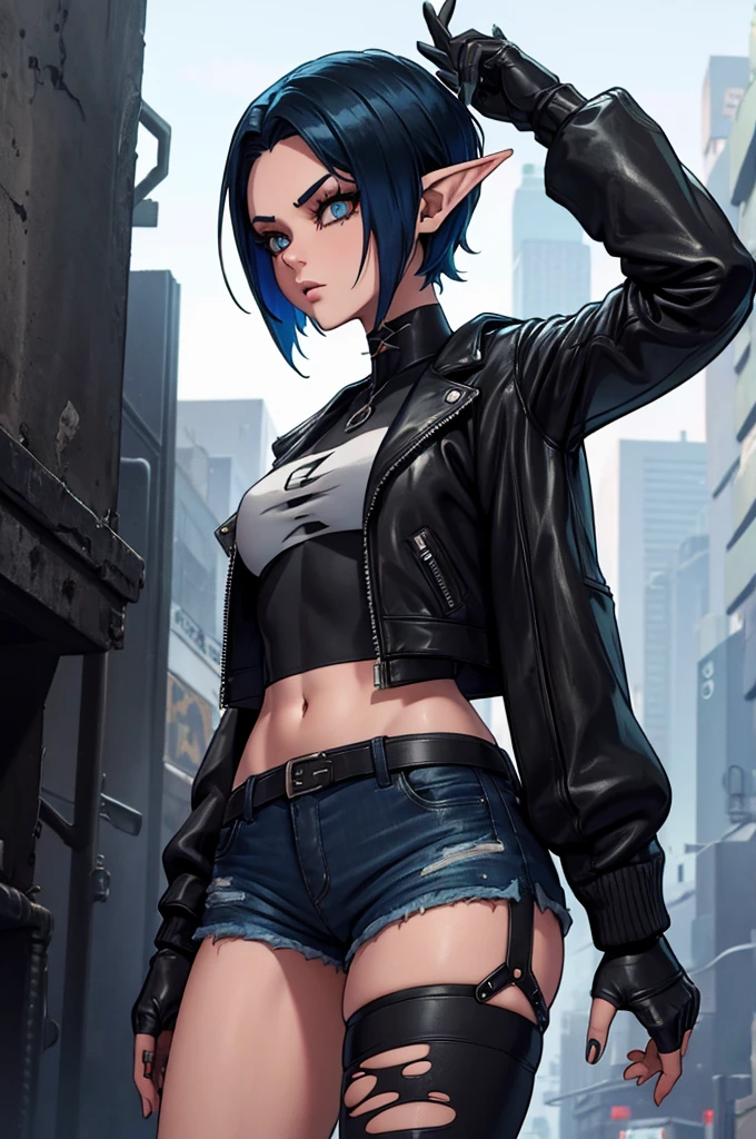 Shadrowrun girls, cyberpunk style, sexy elf girl, torn tights, short denim shorts, black leather jacket, cyber implants, shaved hair