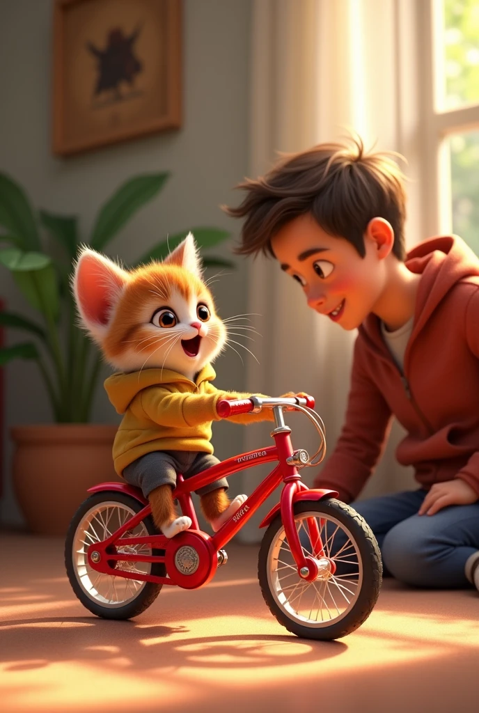One day, baby cat's father, Oliver, surprised him with a small, shiny red bike.