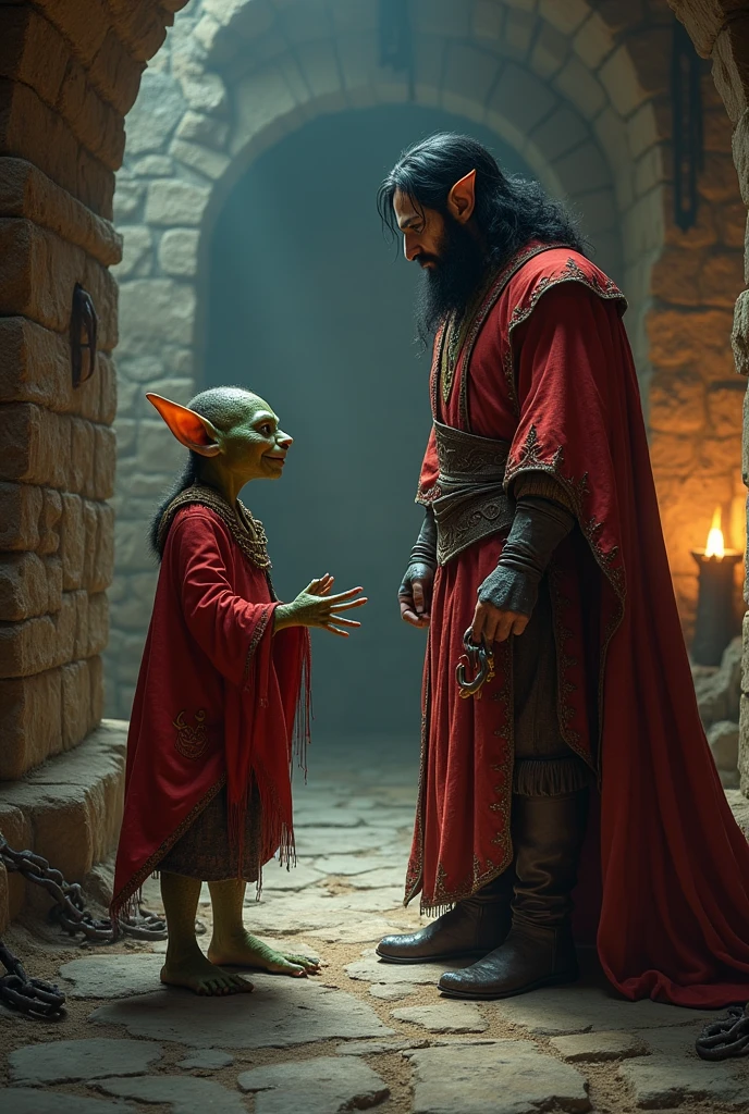 a goblin in red clothes, talking to a black haired prince, Cao Cao, in a dungeon