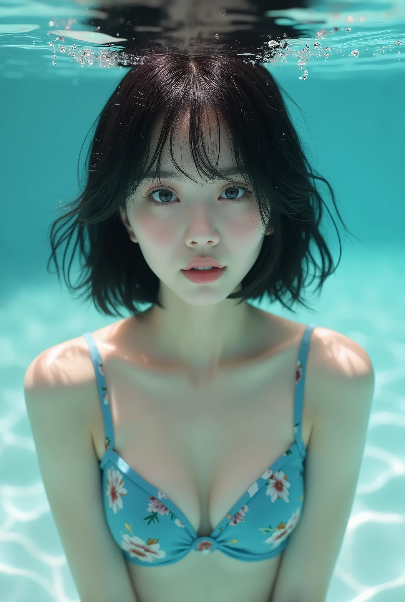 Realistic、Japanese women、Idol、cute、White skin、Short bob black hair、1、height１5５CM、Small breasts、Wearing a blue floral bikini、In the pool、Underwater below the bust、Beautiful realistic pictures、Photographed from the front、