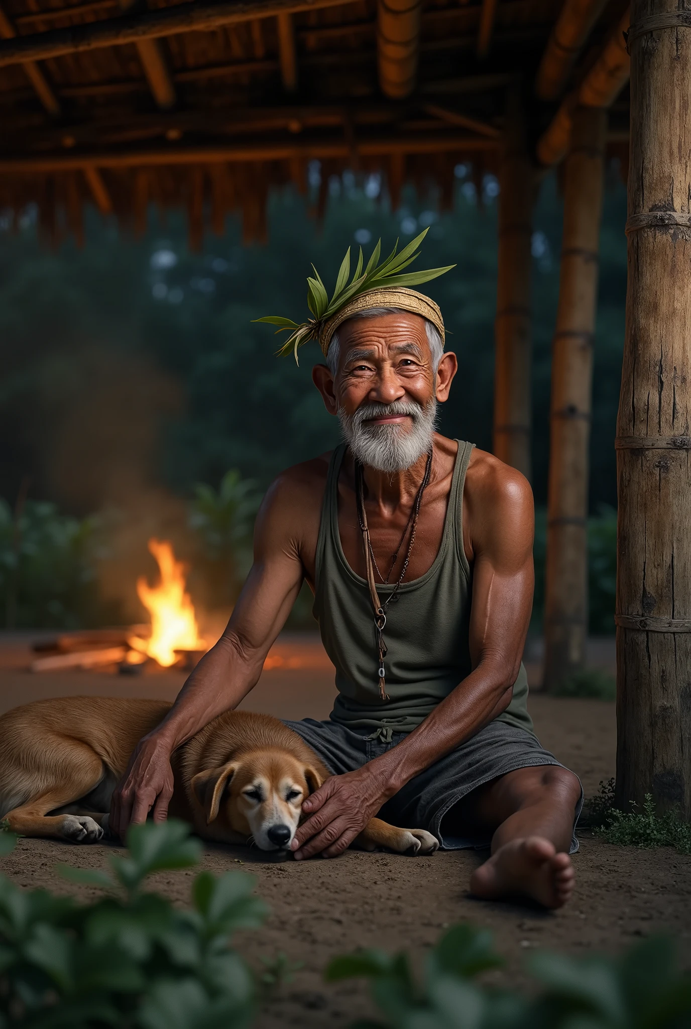 ( photo realism 1.2) photo realistic high detailed old native male smile sitting on simple bamboo hut with dog sleeping under the hut morning mode with campfire cinematic Malaysia forest cinematic view some effect dark mode night no shirt leaves craft on head wearing singlet