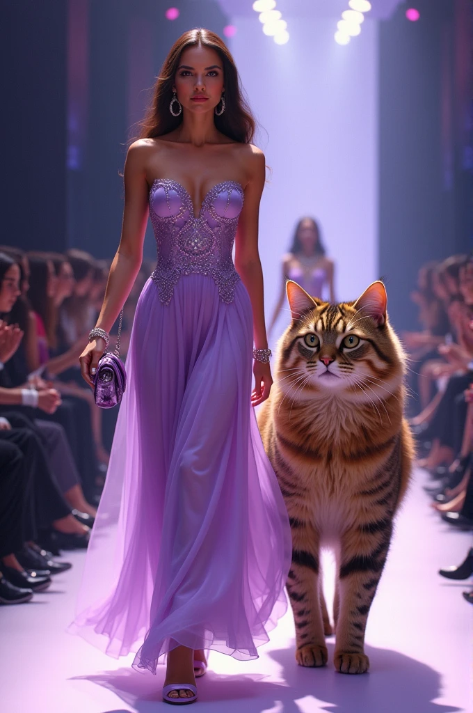 Real Billi buddy Billi light purple color ki party wear gown pahne hue hathon mein chudiyan bag hath mein niche High heels pahne hue jewellery pahne hue fashion show ki taraf chalti Hui real cat badi wali cat