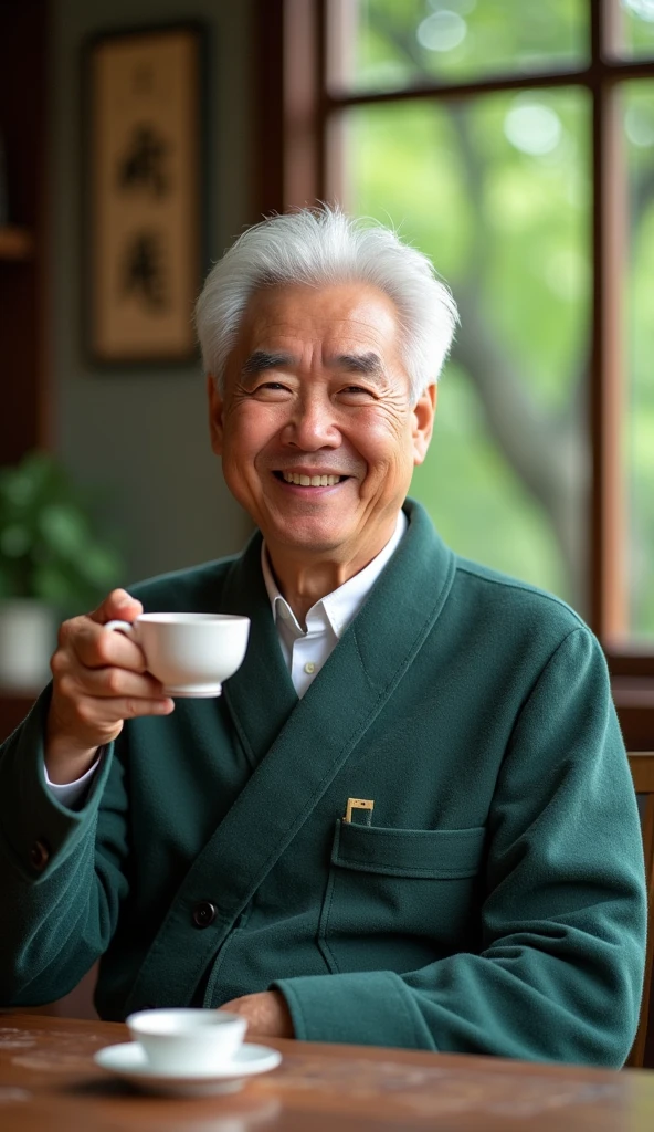 Chinese feng shui master, kind face, white hair, cheerful, drinking tea, The teacher sat looking straight ahead, behind him was a scene of cozy green trees