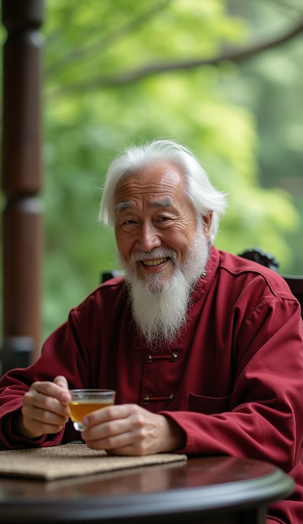 Chinese feng shui master, kind face, white hair, cheerful, drinking tea, The teacher sat looking straight ahead, behind him was a scene of cozy green trees