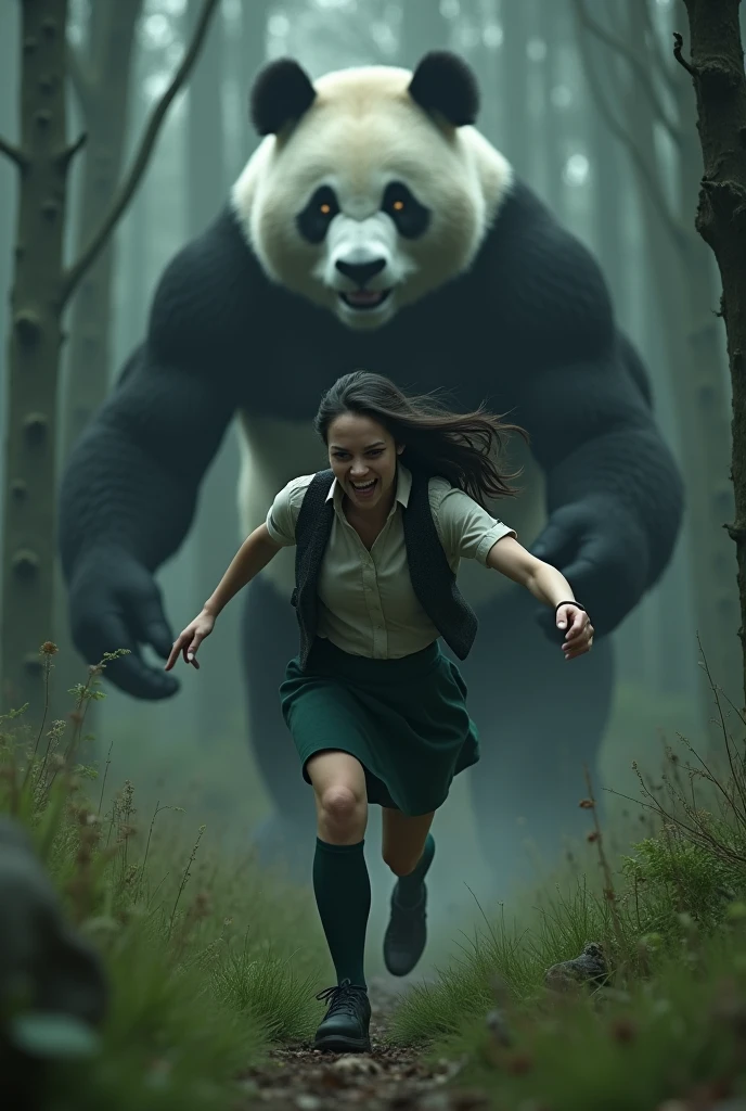 ((Highest quality)), ((masterpiece)), (horror movie posters:1.5), (short-sleeved shirt), ((Bloody giant panda)), グレーの女性のハトがオフホワイトで襟付きのshort-sleeved shirtに薄茶色のベストを着てひざ丈の黒いスカートに濃い緑の靴下と黒の靴を履いている, Female pigeon vs giant panda, A female pigeon sprints away from a giant panda, Muscular grey female pigeon、Photorealistic images,