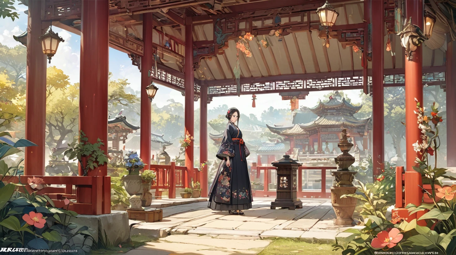 National style, background, Pavilion, grow, Exquisite, beautiful, masterpiece, beautiful details, Official Art