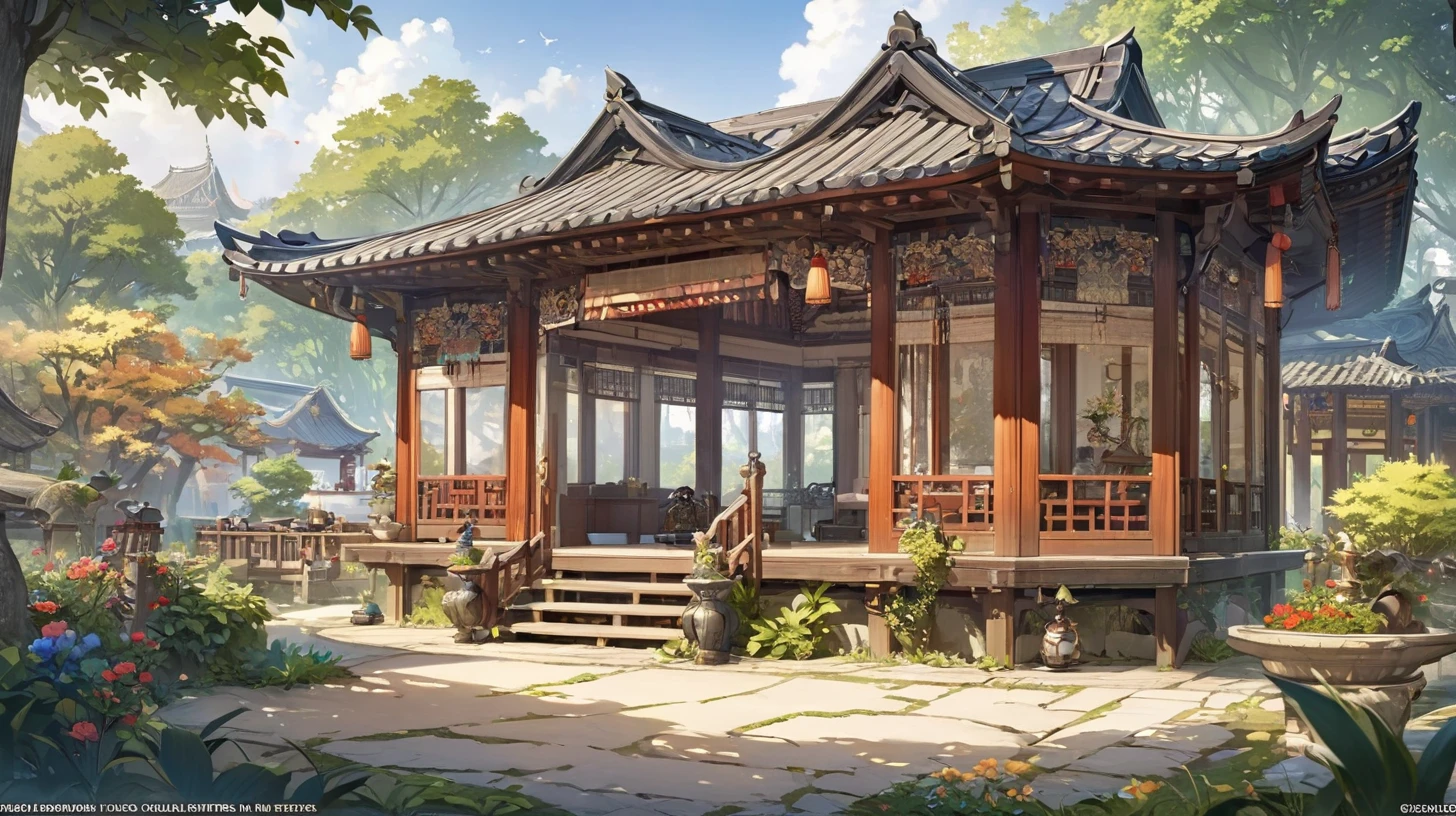 National style, background, Pavilion, grow, Exquisite, beautiful, masterpiece, beautiful details, Official Art