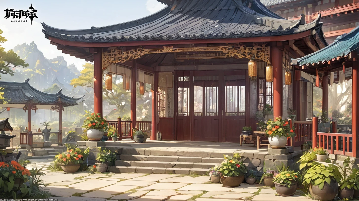 National style, background, Pavilion, grow, Exquisite, beautiful, masterpiece, beautiful details, Official Art