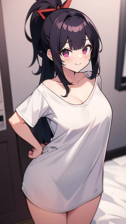 High tail hairstyle,  ponytail hairstyle, Ponytail hairstyle,white hair, Long wavy black hair, standing posando, anime girl style, pixel art anime style,penetrating look with deep eyes,red and purple eyes, hair with a ponytail hairstyle trapped with a big red bun, women, red hair clips, x color shaped hair clips , smiling face blush, next to his bed, Black hair, thighs grandes, NSFW, from below, neckline, looking at the viewer, lascivious smile, ((oversized t-shirt)), off the shoulders, without pants, washing machines, thighs, ((White T-shirt)), standing, hands on the hips,Hair down to the back, thighs grande, big ass  