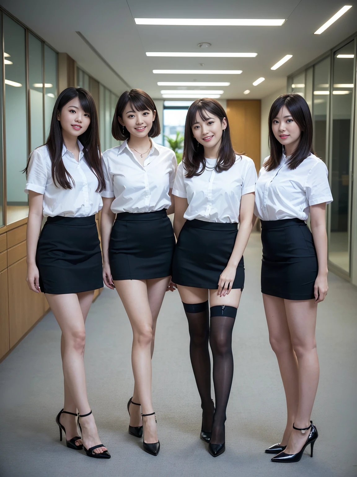 (Highest quality, masterpiece, Photorealistic, Super detailed, Ultra-high resolution, born:1.3), (Three Girls:1.3), beautiful, Japanese, mature, 2, office workers, (Close bonds, Short skirt),(stockings),(smile), (bangs), high waist, necklace, (office, indoor, Glass Room), (Long legs, High heels, whole body:1.2), (crowd)