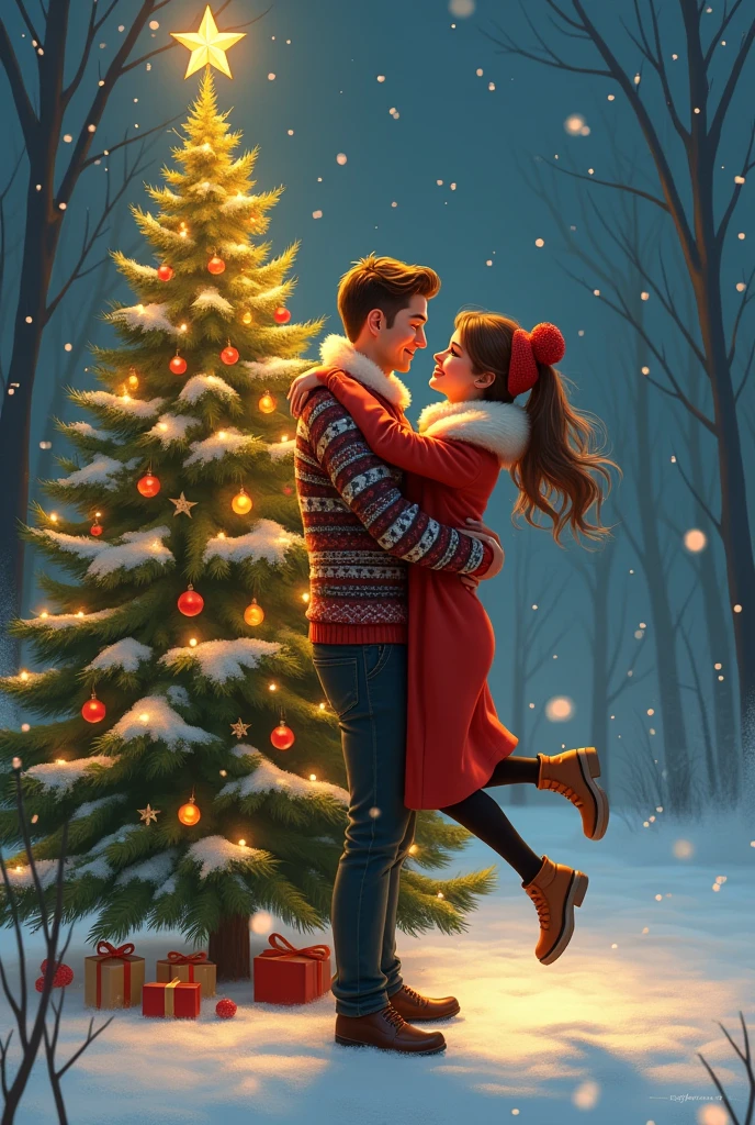 A couple wearing Christmas clothes with a Christmas tree next to them. He is carrying the girl so that a star appears at the top of the Christmas tree. 2d drawing