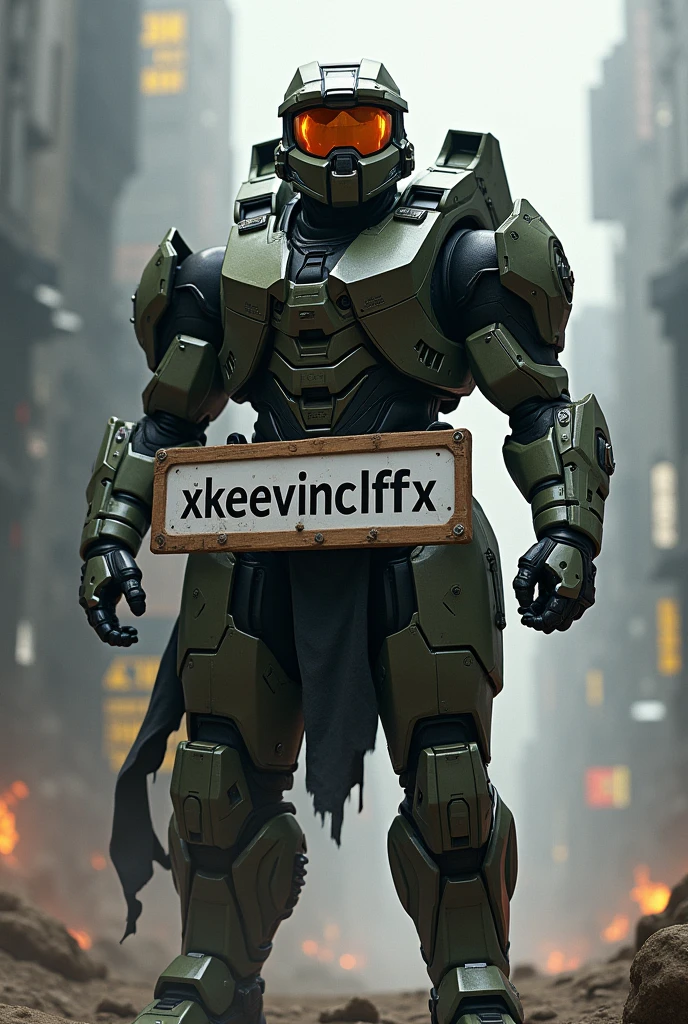 Master Chiff do Halo e call of duty segurando uma placa com nome XXKEEVINFRXX 
