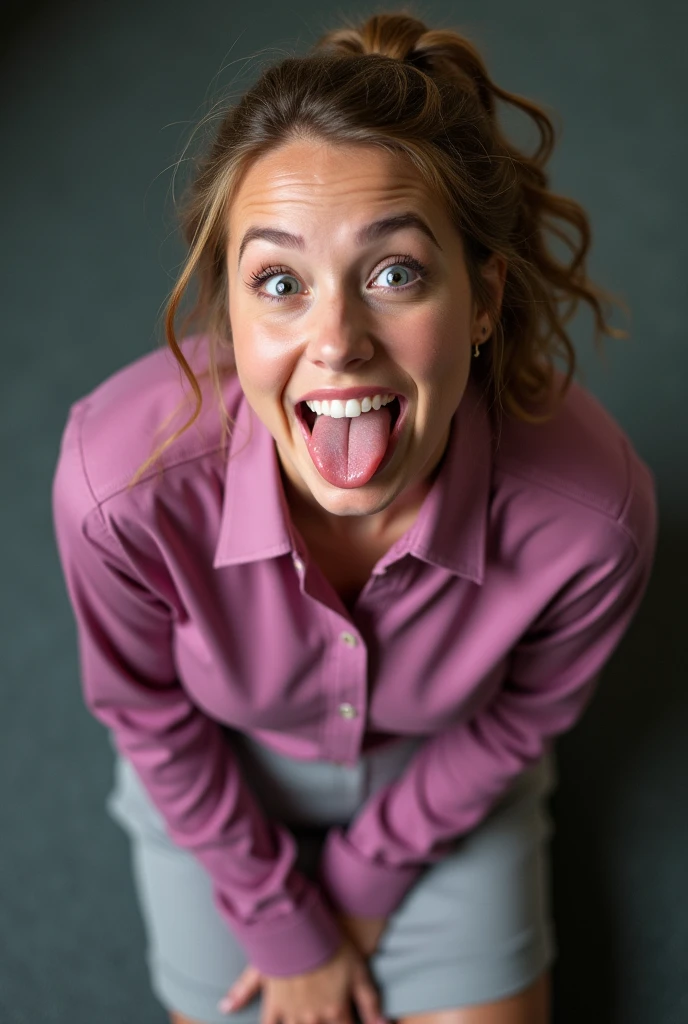 most beautiful ((Pam Beesly)), The Office series, real life cosplay, 28yo, on her knees, looking up at the camera, (most detailed beautiful half-closed eyes:1.2), slight smirk, desire, perfect tongue, perfect mouth open, in position as if trying to catch raindrops that are not there on her tongue, (tongue covered in very thin runny glue, dripping down all over her bare ample chest:1.2), hands behind her back, sticking her breasts out to create a large area for the viewer to aim at, sitting on her feet, viewer squirting long thin ropes of glue across her face and chest from the tip of his penis, perfect puffy nipples, shot directly overhead, gorgeous, very cute, most attractive, most arousing, sensual, intimate, alluring, lascivious, appealing, enticing, tempting, cosplay, brown hair with much blonde highlight pulled back into a ponytail of curly rings, light blue-gray eyes, slightly frazzled, fuchsia pink and amethyst striped button-up blouse, thin matte fuchsia sweater, light gray flat skirt, attainably attractive, office setting, lackluster colors