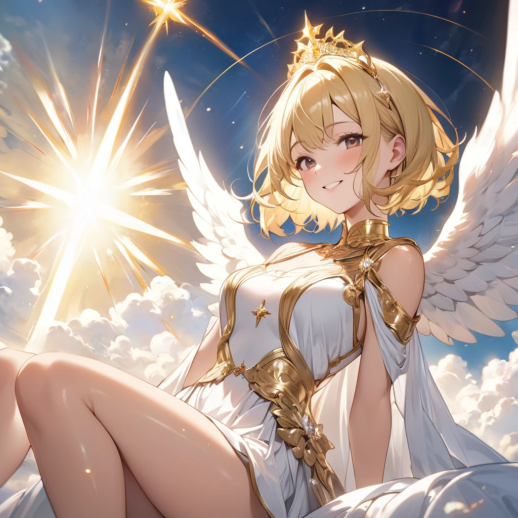 masterpiece, top quality, 8k, real person,1,shiny skin, fully focused, heaven, divine glory, Radiant, angel, blessing, happiness,sit、smile、White dress、Gold Tiara、Blonde、Short Hair、Angel&#39;s wing、Leg spread、Masturbation、Open up、Spreading pussy、Touching pussy、Show your chest、Sweaty、See-through、Grab your chest、Dildo、Anal beads、Cowgirl、Peeing、Squirting、Climax,nsfw