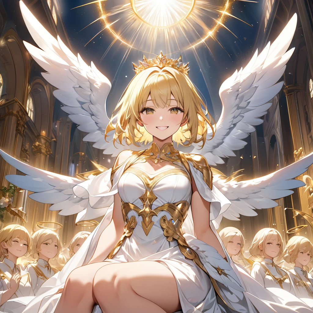 masterpiece, top quality, 8k, real person,1,shiny skin, fully focused, heaven, divine glory, Radiant, angel, blessing, happiness,sit、smile、White dress、Gold Tiara、Blonde、Short Hair、Angel&#39;s wing、Leg spread、Masturbation、Open up、Spreading pussy、Touching pussy、Show your chest、Sweaty、See-through、Grab your chest、Dildo、Anal beads、Cowgirl、Peeing、Squirting、Climax,nsfw