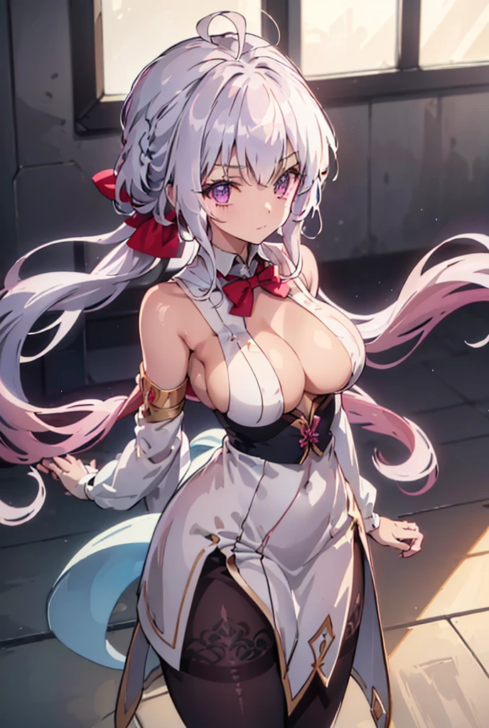 ((masterpiece)), ((Best quality)), (high resolution), (illustration), (an extremely delicate and beautiful), (ultra detailed beautiful face and eyes), nsfw, 1girl, leaning forward, YukineChris, long hair, purple eyes, twintails, low twintails, ahoge, large breasts, fishnet pantyhose, red a bow tie, volumetric lightning, detailed skin texture, detailed, volumetric shadow, anime screencap,Highest quality, Sorceress, ancient babylonian nobility, ((tan skin:1.2)), (brown skin color),Long hair, twin braids, hair ornament, wine colored hair, smile, Below average size breasts, bare shoulders, (underboob:0 Legs apart、Ready your gun?、Arms around chest 8K, masterpiece, Best_quality, high_resolution, ultra_details, detailed, 1girl, 独奏, looking_at_viewer, upper_body, indoors, braid, blurry, bangs, white_hair, blurry_background, collared_shirt, church, hair_ribbon, hair_between_eyes, stained_Glass,sidelocks, depth_of_field, light_particles, window, french_braid, Alphonse Mucha Style, sharp focus, perfect hands, perfect face, perfect eyes, perfect light, dynamic light, natural light, Masterpiece, Best quality,