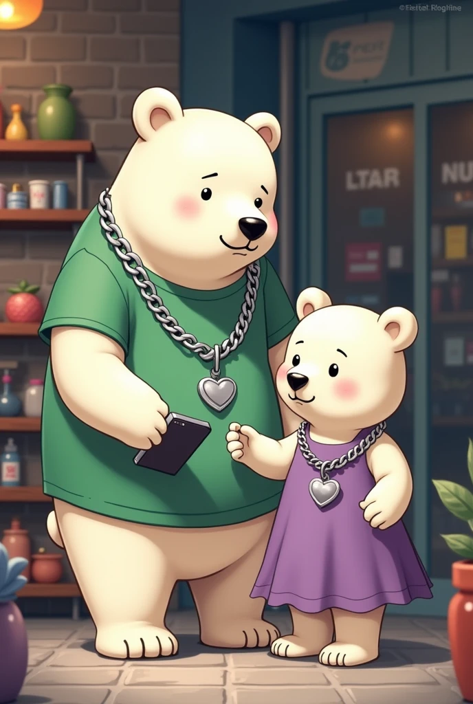 Large polar bear with silver chain, green shirt and a cell phone, Smaller polar bear with silver chain heart pendant, purple dress taking order of various items in a store