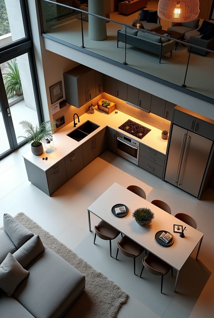 interior photography, 4k, view from above, cenital view, modern kitchen