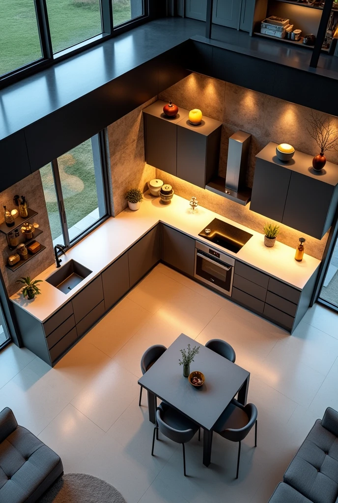 interior photography, 4k, view from above, cenital view, modern kitchen