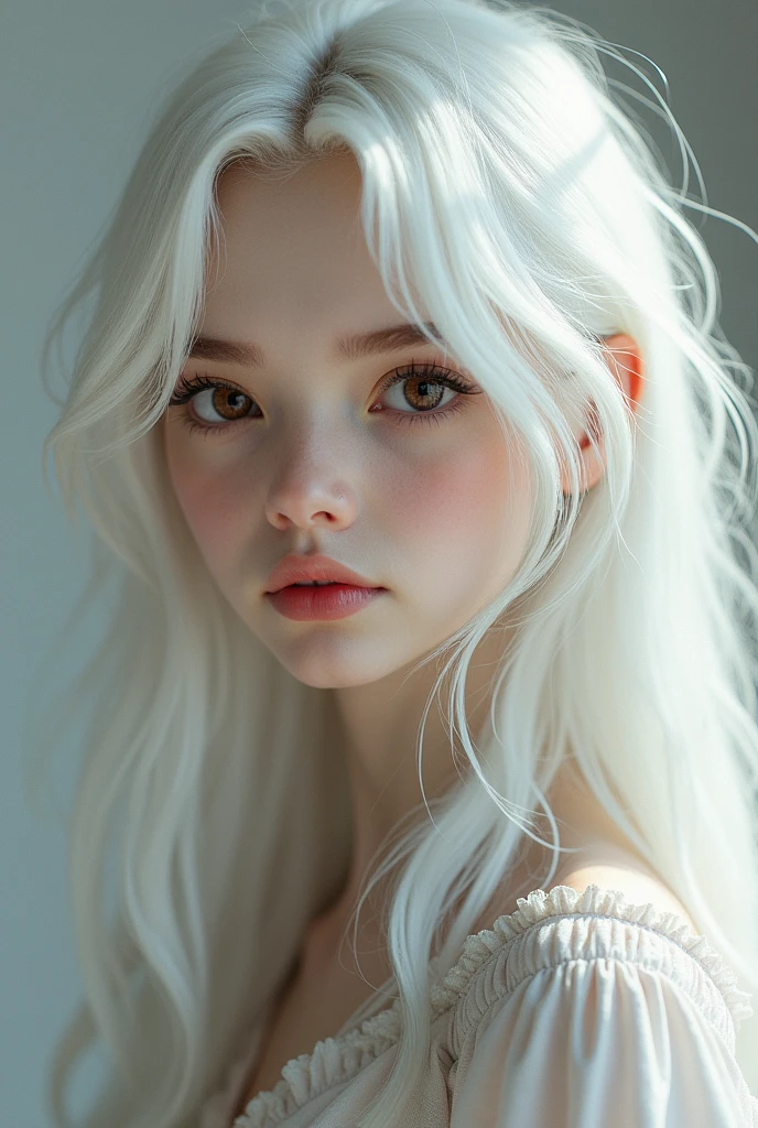 High school girl, white hair, brown eyes, long hair