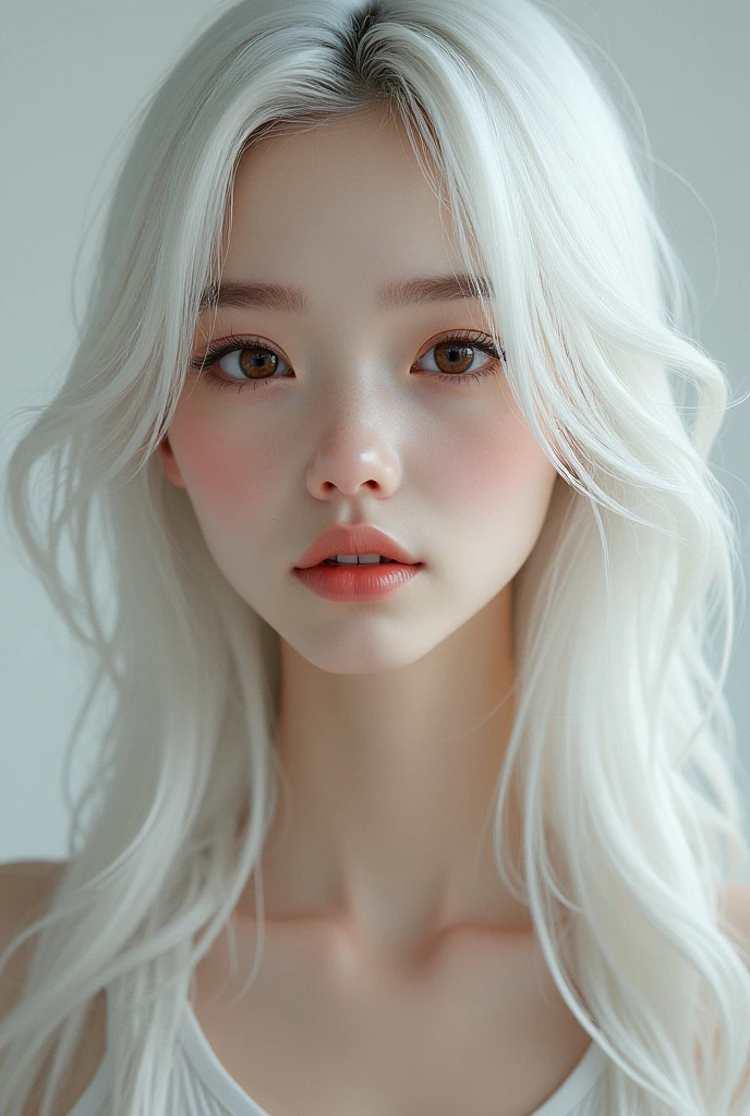 High school girl, white hair, brown eyes, long hair