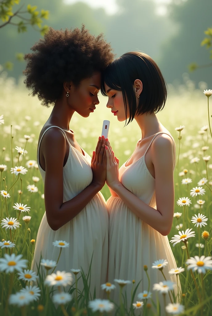 in a field of daisies two women with a pregnancy test, the first one has black skin and short curly hair and the second one has very white skin with very short black hair