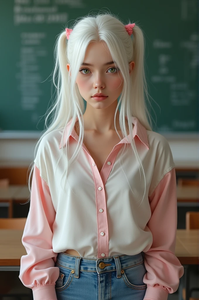 twenty year old girl, White hair gathered in two strands tied back and the rest loose, green eyes, clothes a pink and white long-sleeved blouse and some jeans. In the background is a university classroom 