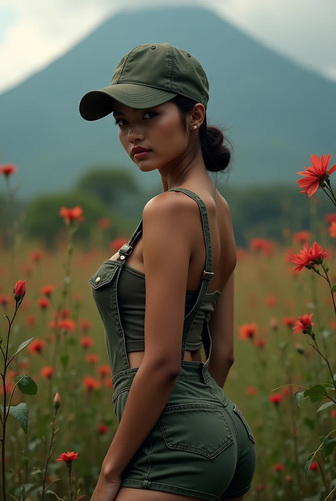 naked, full-body portrait photograph of a young java woman with polo Cap, wearing pinafore with, hotpant with leggings, oversized_breasts.", wet armpits because of sweating, looking at armpit, beautiful_breasts. sensual body, in a unique, photoshot model, ((In front of flowers in top of mountais)), pullover, highres, 4k, HDR, 1girl, photorealistic, realistic, big booobs, turning away facial at viewer, closeup