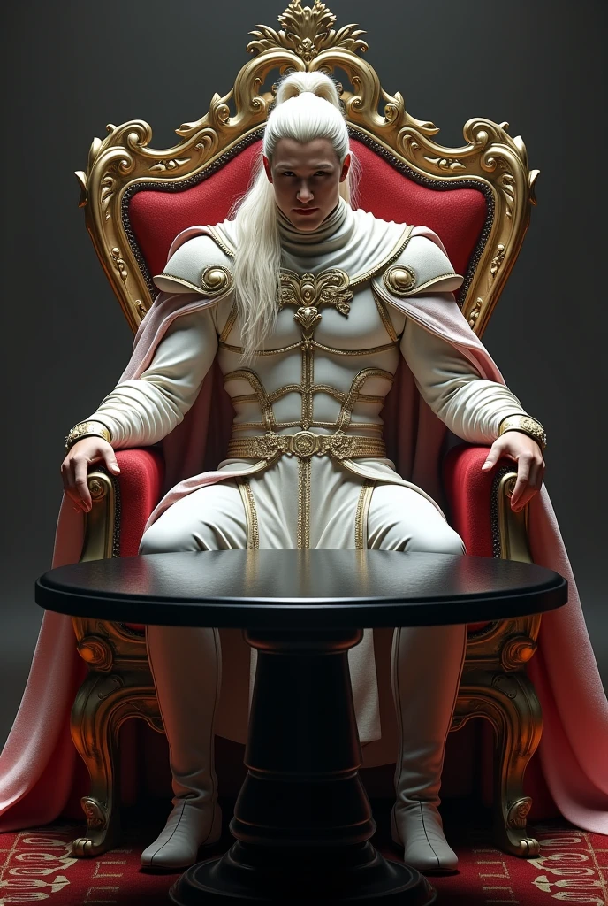 Create a prince of hell, that he is wearing light armor and a cape, He has long white hair tied in a high ponytail with a few loose strands and is sitting in a majestic chair with a circular black table in front of him. 