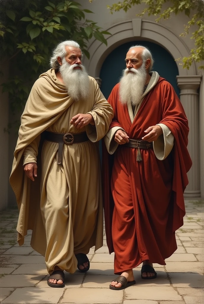 Make an image based on the text: "After the flood, the three sons of Noah divided the earth: Shem, Ham, and Japheth. Western." Do the prophet Noah, white-haired and bearded, eyes white as bright light, girded with a crimson tunic and a striped robe of red and gray. Biblical style, Hebrew. And make his three children, each of a different color, Cam: Moreno, Sem Ariano and Jafé Blondio Caucasiana. Have them talk to each other, with a map in their hands, and in the background Noah's Ark on Mount Ararat. Boris Vallejo style wallpaper. Top quality, 16k, Masterpiece. --auto