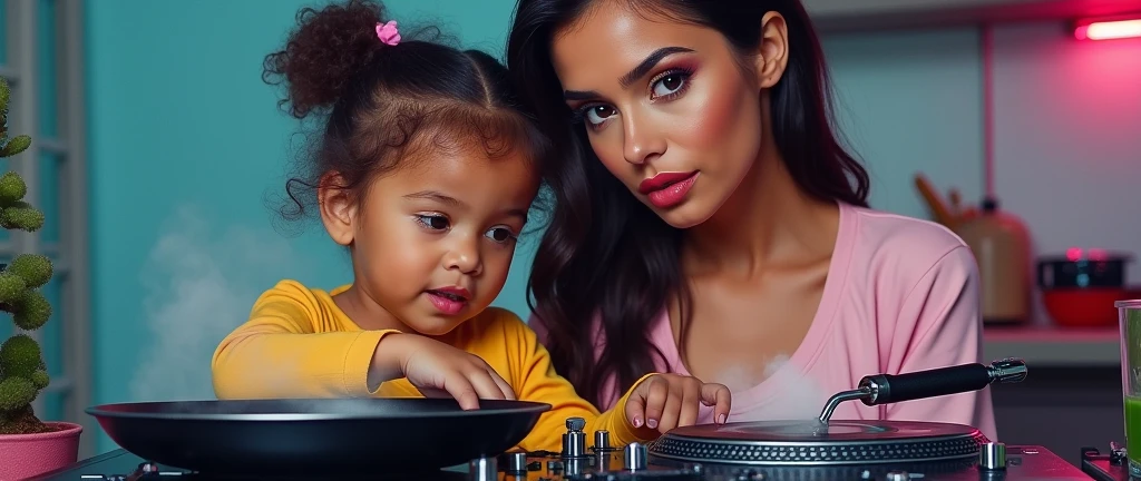 a female DJ AND A CHILD making cooking gestures with a frying pan on turntables on a stove, beautiful detailed eyes, beautiful detailed lips, extremely detailed eyes and face, long eyelashes, painting, oil painting, 8K, high quality, hyperrealistic, intricate details, vibrant colors, dramatic lighting, cinematic composition, dynamic pose, steaming frying pan, kitchen stove, modern kitchen interior, warm color tones, photorealistic