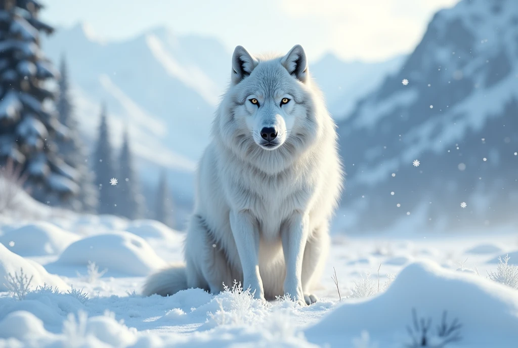 Create a breathtaking, hyper-realistic, AI-generated artwork of a snow wolf (lobo das neves) in its natural habitat. The wolf should be depicted in a powerful and majestic pose, showcasing its thick, white fur and keen features against a snowy landscape.

The scene should capture the snowy wilderness, with a backdrop of frosty terrain, snow-covered trees, and perhaps distant, rugged mountain peaks. Include details such as the wolf’s textured fur, the pristine snow, and the subtle variations in the wintry environment.

Use cool, natural colors to depict the snow wolf and its surroundings, highlighting the contrast between the wolf’s white fur and the snowy backdrop. The lighting should be soft and natural, with diffused sunlight creating gentle shadows and emphasizing the texture and details of the snow and the wolf’s fur.

The style should be hyper-realistic yet artistic, focusing on the snow wolf’s striking presence and the serene beauty of its icy habitat. The final artwork should be high-resolution and visually striking, capturing the elegance and majesty of the snow wolf in its natural, snowy environment.