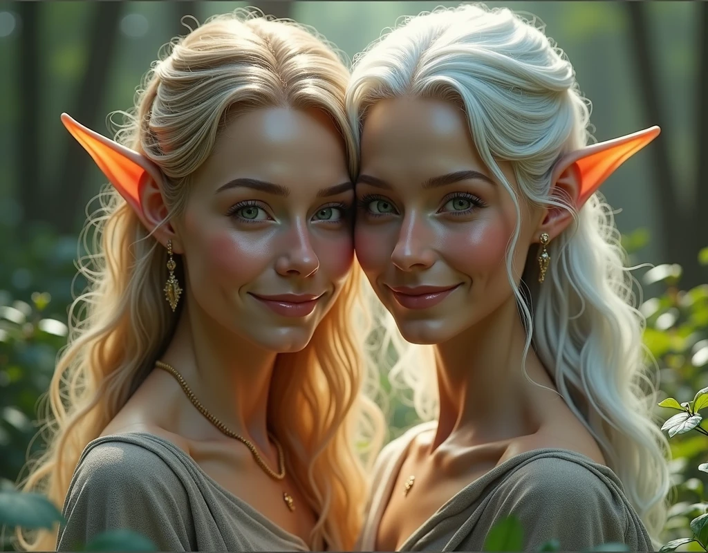 A captivating image featuring a beautiful elf woman depicted in two versions, side by side in the same photo. On the left, she appears young with smooth, radiant skin, long flowing hair, and a vibrant, youthful glow. On the right, she is older, with graceful silver hair, gentle wrinkles, and an air of wisdom, yet still radiating beauty. Both versions of the elf woman are looking directly at the camera, smiling warmly, capturing the essence of her timeless nature. The background is a serene, enchanted forest bathed in soft, ethereal light.