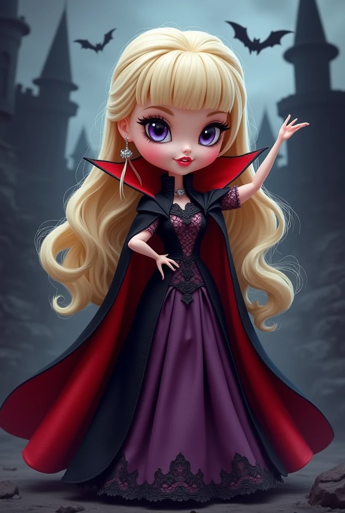 Blonde Polly Pocket doll dressed as the vampire Draculaura in old anime version