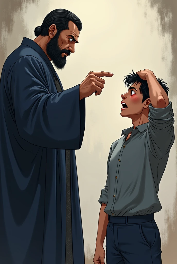 Second Dimension。A sturdy man in a dark blue gown with eyes wide open, Pointing at a young man,Young man wearing a grey shirt。Wearing an ancient style bun,Dark blue belt。Nice clear face。He stood there,The expression is so embarrassing. The young man's face turned red, Keep your eyes open, Mouth slightly open,A look of shock, He scratched his head nervously.,His body language revealed his uneasiness.,side。"Second Dimension。