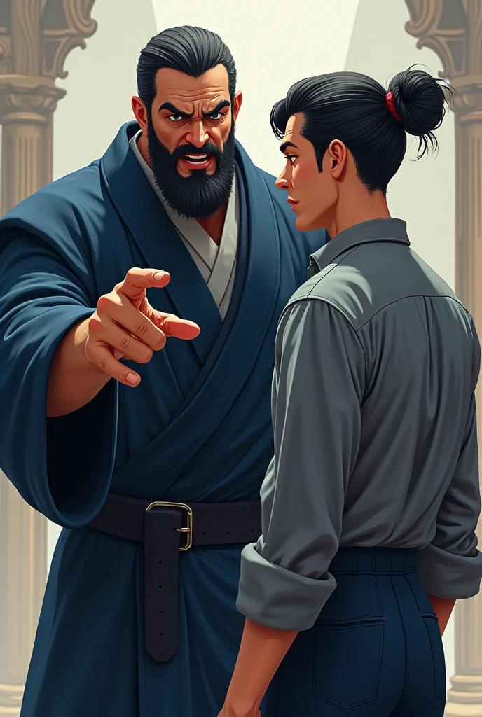 Second Dimension。A sturdy man in a dark blue gown with eyes wide open, Pointing at a young man,Young man wearing a grey shirt。Wearing an ancient style bun,Dark blue belt。Nice clear face。He stood there,The expression is so embarrassing. The young man's face turned red, Keep your eyes open, Mouth slightly open,A look of shock, He scratched his head nervously.,His body language revealed his uneasiness.,side。"Second Dimension。