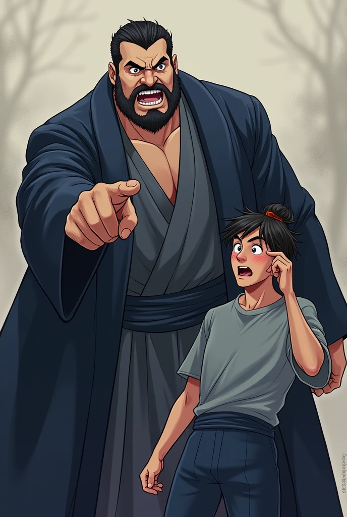 Second Dimension。A sturdy man in a dark blue gown with eyes wide open, Pointing at a young man,Young man wearing a grey shirt。Wearing an ancient style bun,Dark blue belt。Nice clear face。He stood there,The expression is so embarrassing. The young man's face turned red, Keep your eyes open, Mouth slightly open,A look of shock, He scratched his head nervously.,His body language revealed his uneasiness.,side。"Second Dimension。