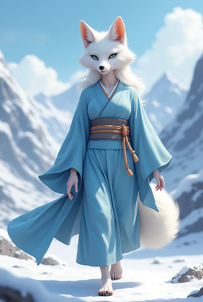 (photo brute, best quality) , (realistic, photo-realistic : 1.4), extremely formidable general plan, masterpiece, ultra-detailed, high resolution, meilleure illustration, best shadow, complexe, depth of ﬁeld, Très belle renarde blanche anthropomorphe adulte, she has two beautiful blue eyes and her fur is white. She is wearing a light blue kimono. She walks on her two hind legs. She is in snowy mountains, elle sourit. Style Photorealiste Photorealiste style 8k, dslr, high quality, (grain du film : 1.4), Fujifilm XT3,
