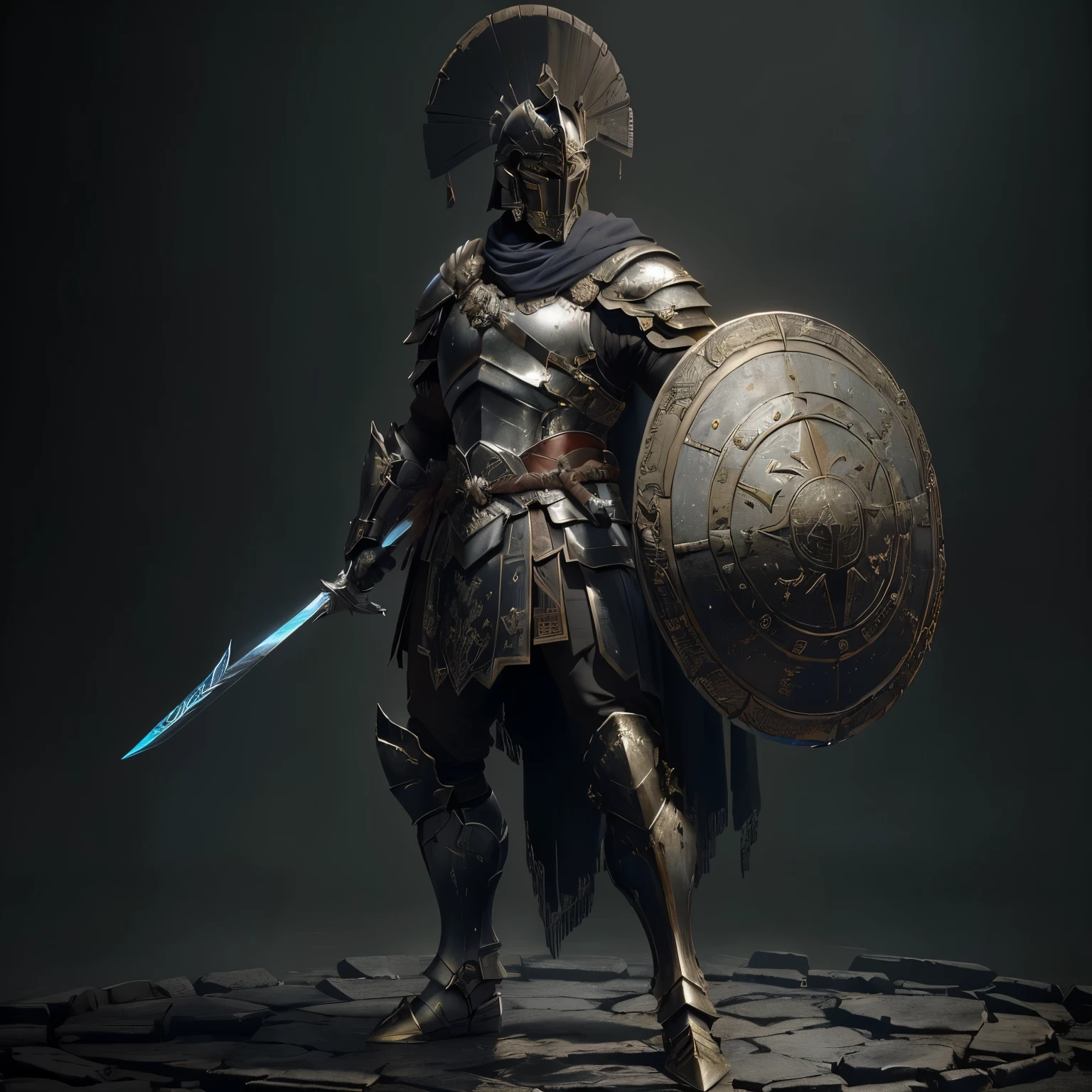 a man armed with armor, sword and shield standing on a circular platform, Ares with heavy armor and sword., vestido con Spartan armor, spartan warrior, ancient soldier, armored warrior, 3D 8k rendering character art, with thick bronze armor, armored warrior, Spartan armor, concept art of a warrior, ancient warrior, spartan, dark souls theme