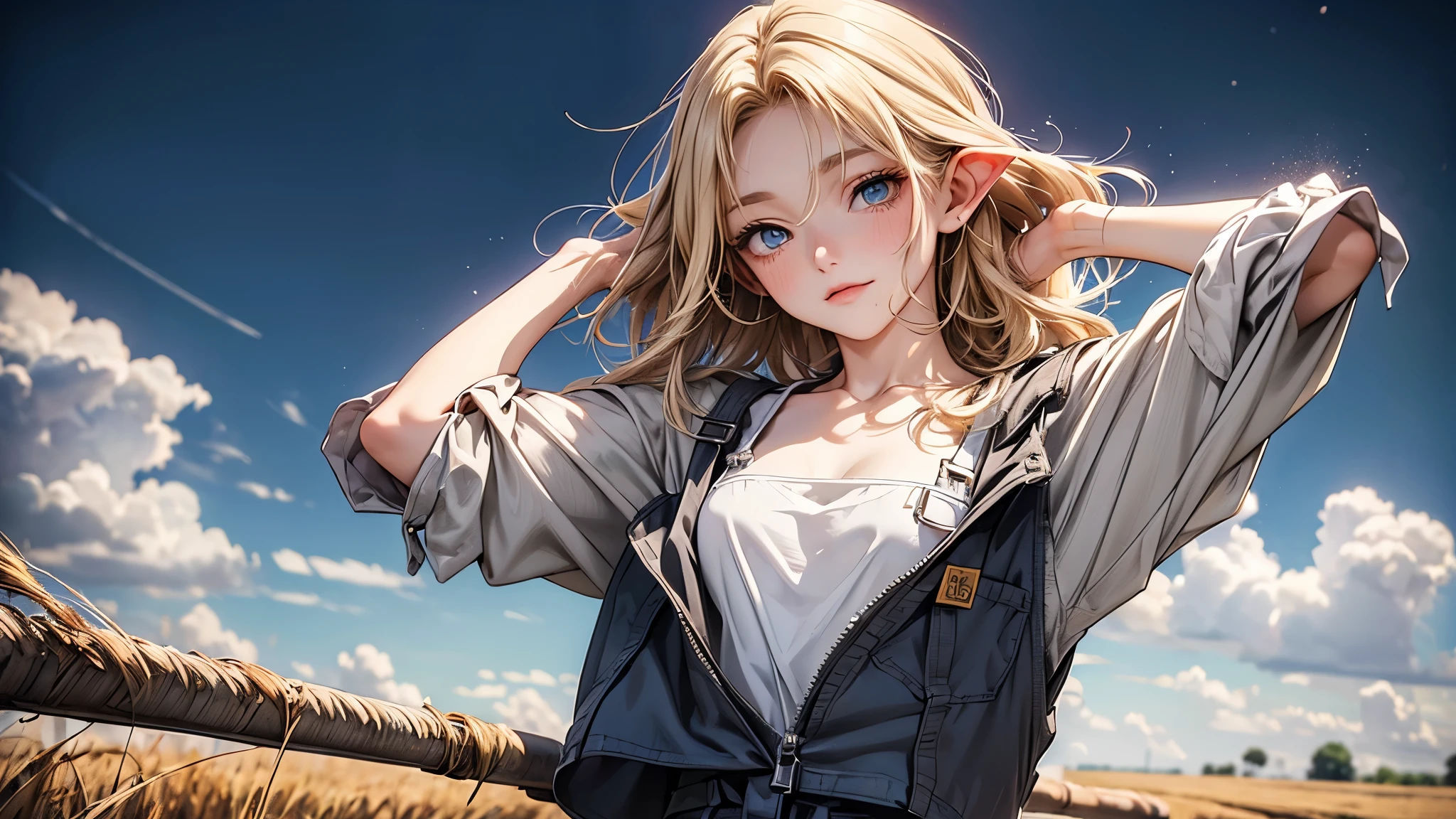 ((Masterpiece)), (Anime:1.5), ((best quality)), (RAW photo:1.2), (High Definition:1.3), (Professional Photography:1.2), (), (1girl), cute young girl, BREAK, (naughty face:1.3), (Beautiful daiamond eyes:1.5), (pale skin), elf girl, wearing Gray Workwear Coveralls, flat chest, slender waist, BREAK, (hair over eyes:1.2), Silky unruly hair, medium hair, ((blond hair)), wearing Gray Workwear Coveralls, (in a wheat field among agricultural machinery), low-cut neckline, open clothing in the chest area, (Ukrainian flag on the background in the field)
