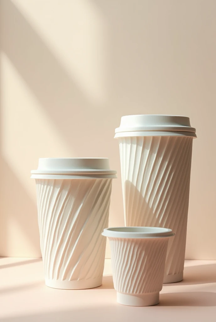 create three coffee cups of different sizes highlighting a futuristic design and using sustainable materials and interesting textures, perfect for attracting customers to a modern coffee shop with light pastel colors