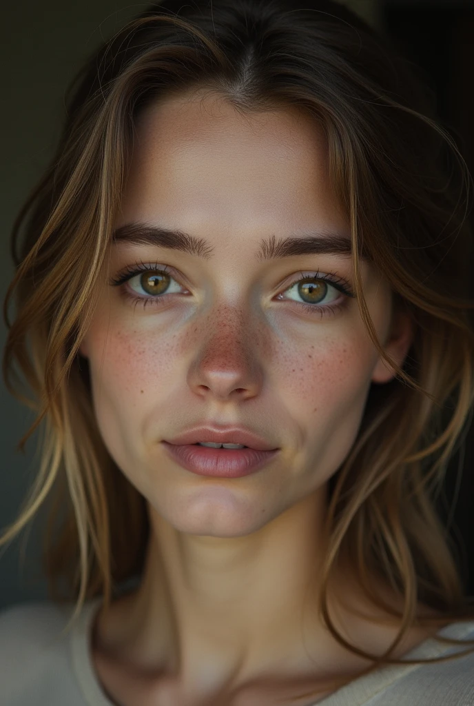 An American, com olhos castanhos, who look tired, but at the same time you see a delicacy in them. Her hair is light brown and medium length.. Your nose is fake, your symmetrical face, she has thin and natural eyebrows. Doesn&#39;t wear any makeup. 