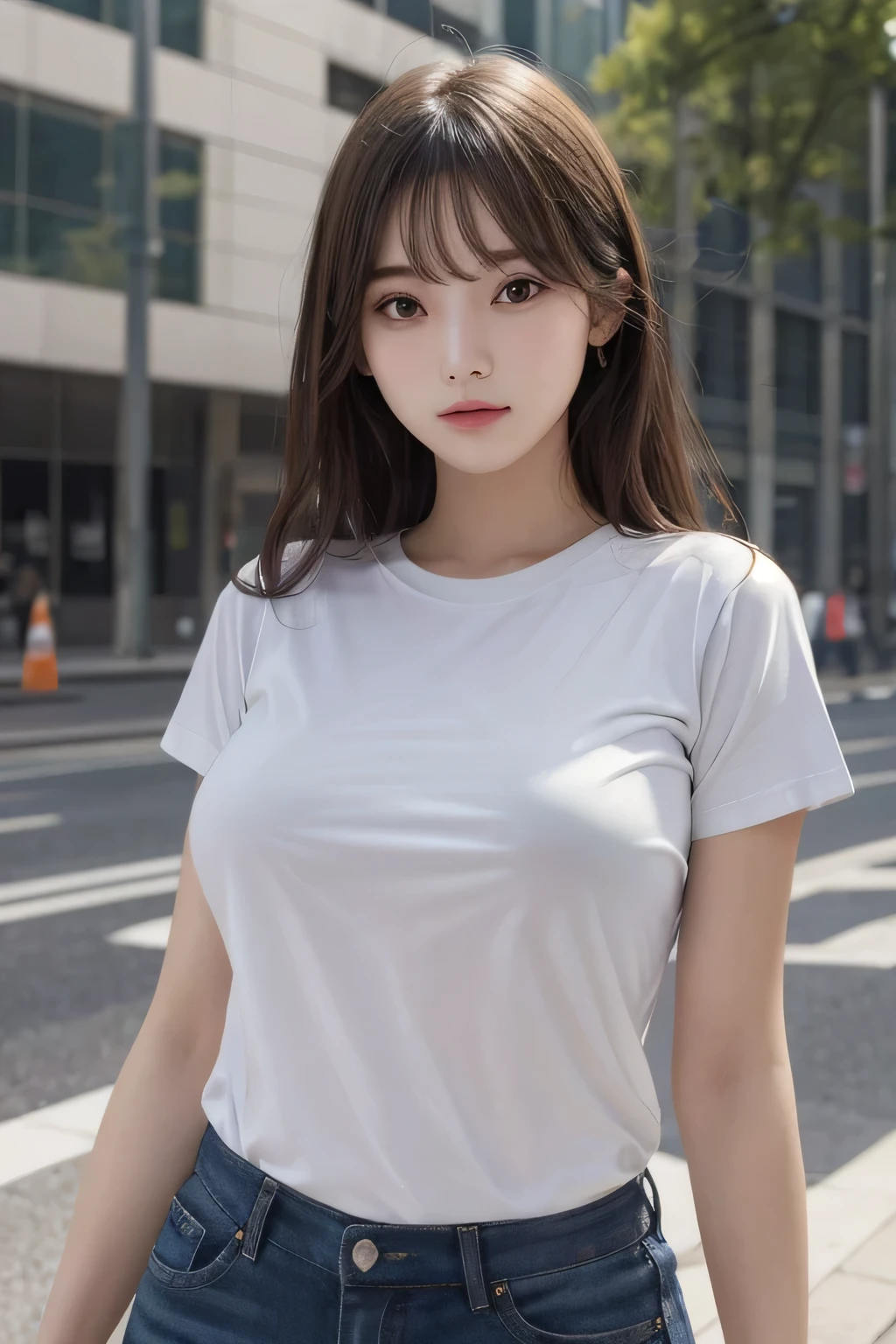 One girl, 1st,Highest quality,High resolution,超High resolution,8k,Realistic,Upper Body,encounter_Audience,Large Breasts, The body is slim,(t-shirt:1.2)