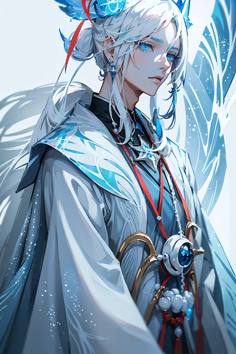 1 ，(close-up of the upper body)，(Detailed facial details:1.2, beautiful eyes, White hair、and blue eyes)、Anime character with blue cape, cute outfits, heise jinyao, sylas, Detailed art of Onmyoji, retrato de onmyoji, offcial art, Paint Splatter Art