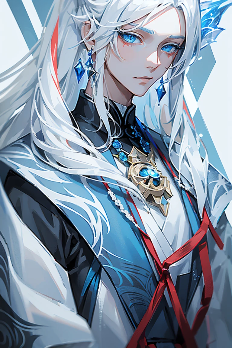 1 ，(close-up of the upper body)，(Detailed facial details:1.2, beautiful eyes, White hair、and blue eyes)、Anime character with blue cape, cute outfits, heise jinyao, sylas, Detailed art of Onmyoji, retrato de onmyoji, offcial art, Paint Splatter Art