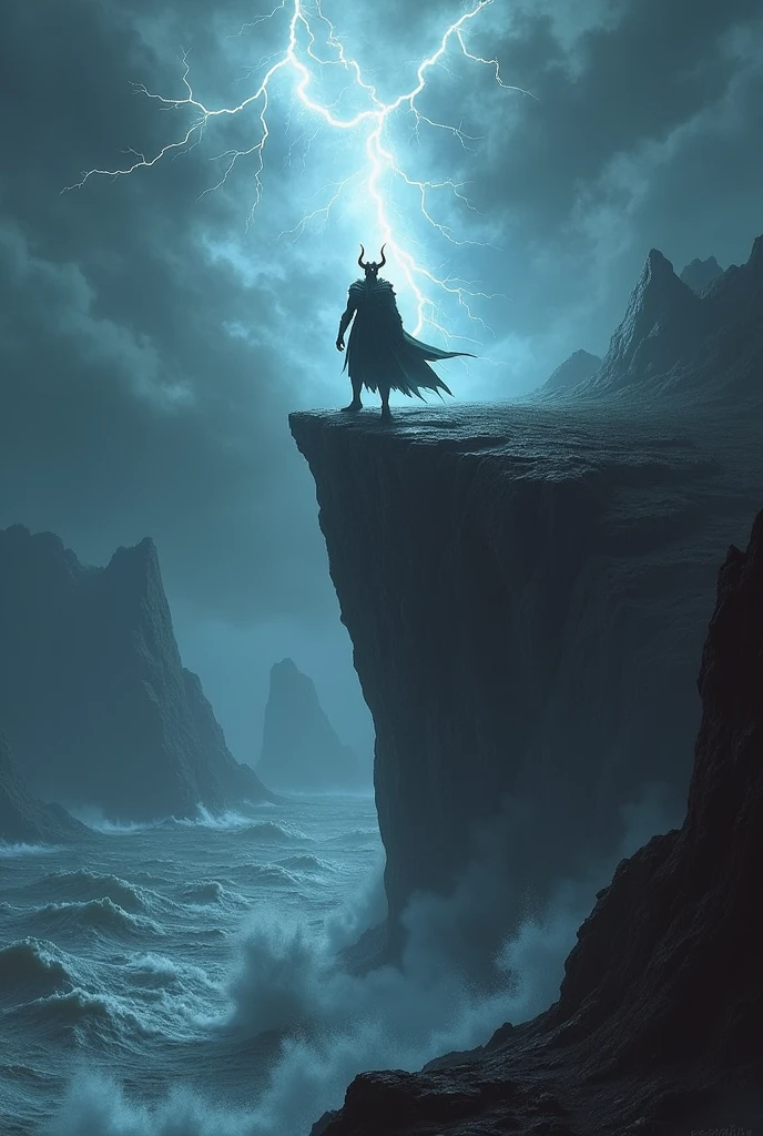 Create a dramatic image of the Devil standing on a rocky cliff overlooking a stormy, turbulent landscape. Show the Devil with a commanding and intimidating stance, surrounded by dark, swirling clouds and flashes of lightning. The environment should be chaotic and dark, with the Devil’s figure starkly illuminated by occasional bursts of light. The overall mood should evoke a sense of power, chaos, and foreboding.










