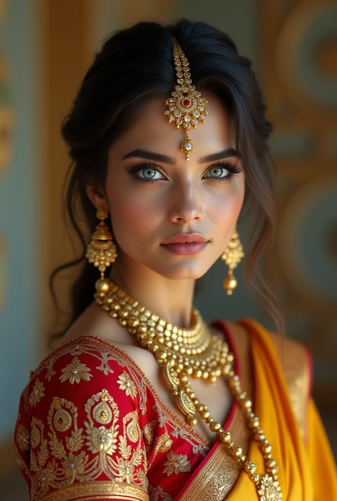Ai lady model with indian attire, blue eye ball, gold jewellery adoring her beauty, with classical background