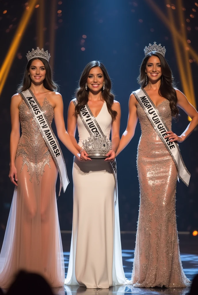 Two last standing of mIss Universe. Wear evening gown and sash. Hold hand each other. The reigning Miss Universe hold the crown in center