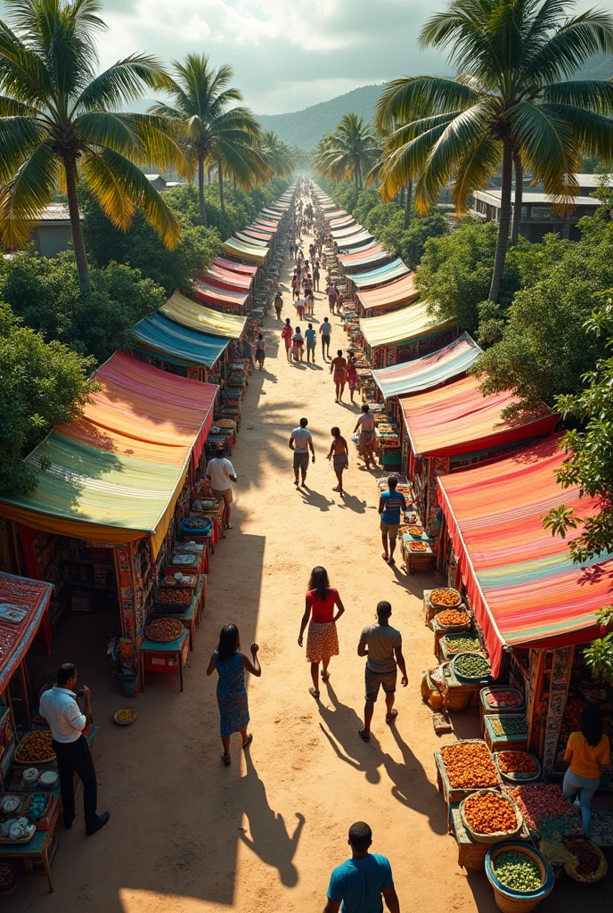 Aerial view of a colorful new market in Haiti. Your expertise as an engineer is essential to me.. Palm greenery still in evidence. The displays, buyers, passers-by, ventilate well so that we can see the beauty of this superb market, fabulous.